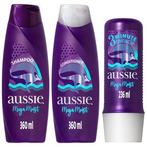 Kit Aussie Mega Moist Shampoo 360ml + Condicionador 360ml + Creme 3 Minutos Milagrosos 236ml