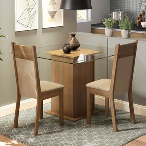 Conjunto Sala de Jantar Madesa Moni Mesa Tampo de Vidro com 2 Cadeiras - Rustic/Crema/Sintético Bege