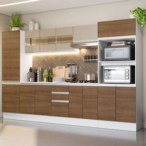 Cozinha Completa 100% MDF Madesa Smart 300 cm Com Armário e Balcão - Branco/Rustic/Crema