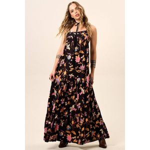 Vestido Longo de Alças Reguláveis Preto Estampado Yacamim