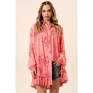 Vestido Chemise Curto Com Mangas Longas Bufantes Rosa Estampado Yacamim