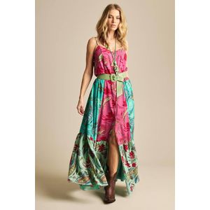 Vestido Longo com Alças Reguláveis Rosa e Verde Patchwork Yacamim