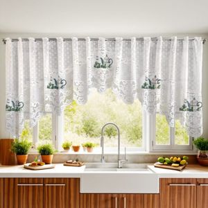 Cortina Cascata de Renda para Cozinha Premium Branca Hora do Chá Menta 300x100cm