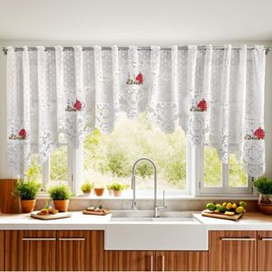 Cortina Cascata de Renda para Cozinha Premium Branca Hora do Chá Vermelho 300x100cm