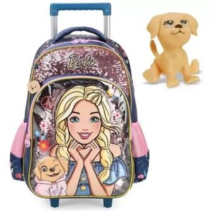 Mochila Escolar de Rodinhas Barbie Pet Azul/Rosa - Luxcel