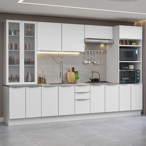 Armário de Cozinha Completa 340cm Branco/Branco Veludo Lux Madesa 02