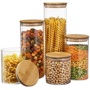 Conjunto 5 Potes Organizador Hermético Vidro Bambu Silicone