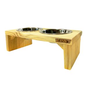 Comedouro Duplo Elevado Toronto De Madeira Com Potes Inox Para Gatos E Cachorros G