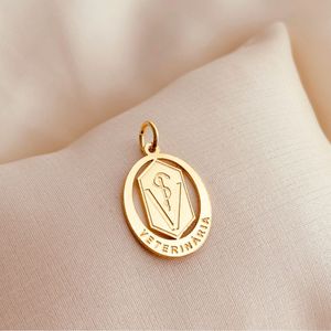 Pingente oval Medicina Veterinária folheado em ouro 18K