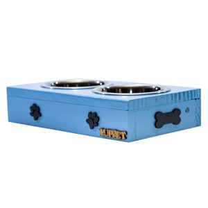 Comedouro Com Patinhas De Madeira E Potes Inox Para Cachorro Azul
