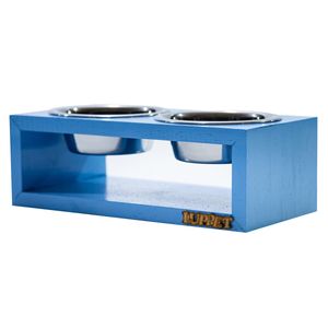 Comedouro Duplo De Madeira Com Potes Inox Para Gatos E Cachorros Azul