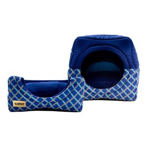 Cama Iglu e Toca Para Gato Luppet Luxo Azul Geométrico