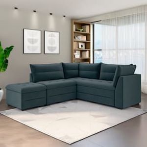 Sofá Modular de Canto 4 Lugares Luizzi Quebec com Pufe e Revestimento em Suede  408cm de Largura