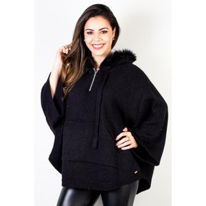 Poncho de malha feminino com manga e capuz 61541