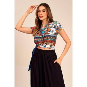 Cropped De Mangas Curtas Transpassado Vermelho Estampado Yacamim F2