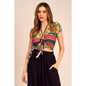 Cropped De Mangas Curtas Transpassado Amarelo Estampada Yacamim F7