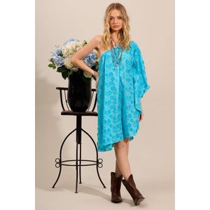 Vestido Curto Um Ombro Só Com Flores Bordadas Azul Yacamim D9