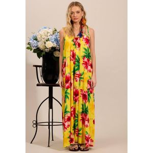 Vestido Longo Com Alças De Amarração Amarelo Estampado Yacamim E11
