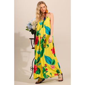 Vestido Longo Com Alças De Amarração Amarelo Estampado Yacamim C10