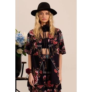 Camisa Ampla De Mangas Curtas Preto Estampado Yacamim A3