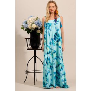 Vestido Longo Um Ombro Só De Alças Azul Claro Estampado Yacamim E5