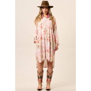 Chemise Amplo Alongado Com Mangas Longas Bege Estampado Yacamim M9