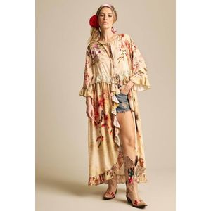 Vestido Midi Com Abertura Na Frente Bege Estampado Yacamim D23
