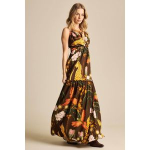 Vestido Longo Com Alças Marrom Estampado Yacamim E20