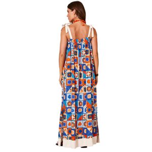 Vestido Longo Com Alças De Amarrar Estampa Geométrica Yacamim C20