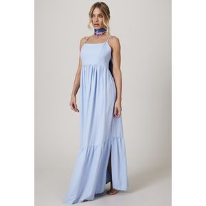 Vestido Longo De Linho Com Alças De Amarrar Azul Claro Yacamim c5/6