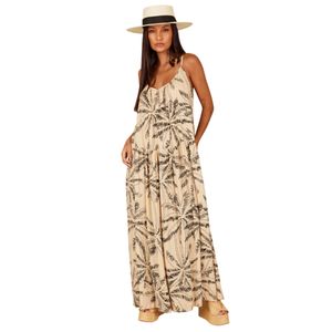 Vestido Longo De Linho Bege Estampado Yacamim D18