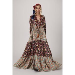 Vestido Longo Com Mangas Bufantes Estampado Patchwork Yacamim Q7