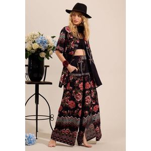 Calça Pantalona Com Detalhe De Abertura De Botões Preto Estampado Yacamim A4