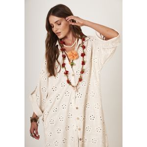 Chemise Longa De Linho Com Bordados Bege Yacamim M2