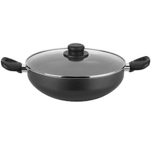 Frigideira Wok com Alças Multiflon em Alumínio com Revestimento Antiaderente e Tampa de Vidro com Saída de Vapor 28 cm - Grafite