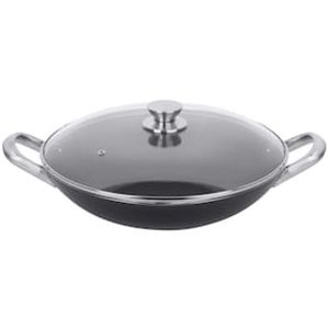 Frigideira Wok Multiflon Profissional em Alumínio com Revestimento Antiaderente 7 Camadas e Tampa de Vidro Temperado 34 cm - Grafite