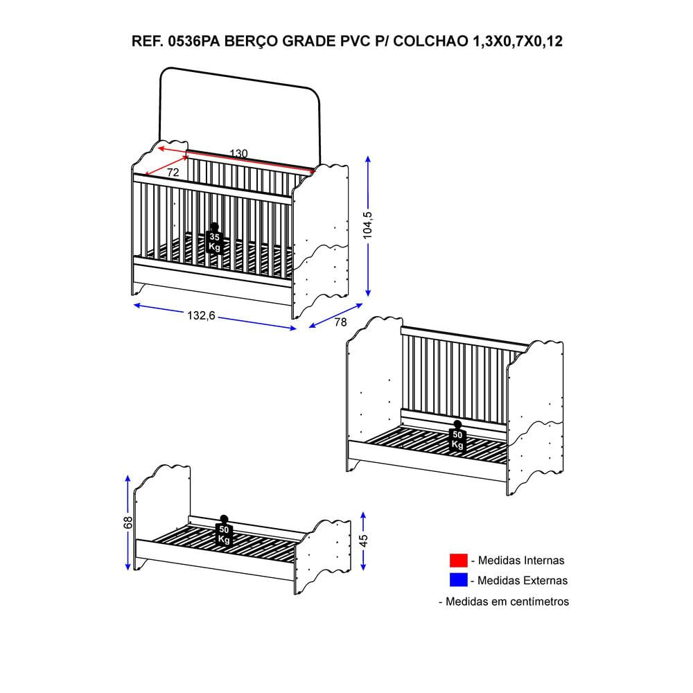 Berço Americano 3 em 1 para Colchão 70 x 130 cm com Grade Soft Nuvem ...