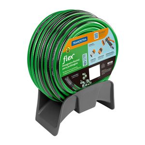 Mangueira Tramontina Flex para Jardim Verde com Faixa Preta em PVC 4 Camadas, Engate Rápido, Engate Rosqueado, Hidropistola e Suporte  10 Metros