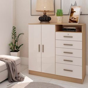 Cômoda Genialflex Guatemala com 2 Portas, 5 Gavetas, 2 Prateleiras, 1 Nicho e 112cm de largura - Freijó/White Laca